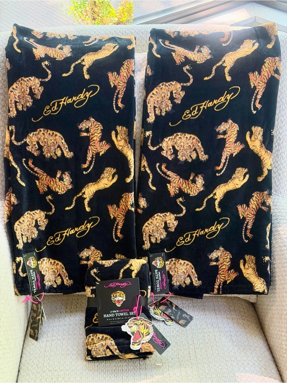 Ed Hardy Bath Towel Set + Hand Towels 4pc Tiger 100% Cotton Black Gold Y2K Decor
